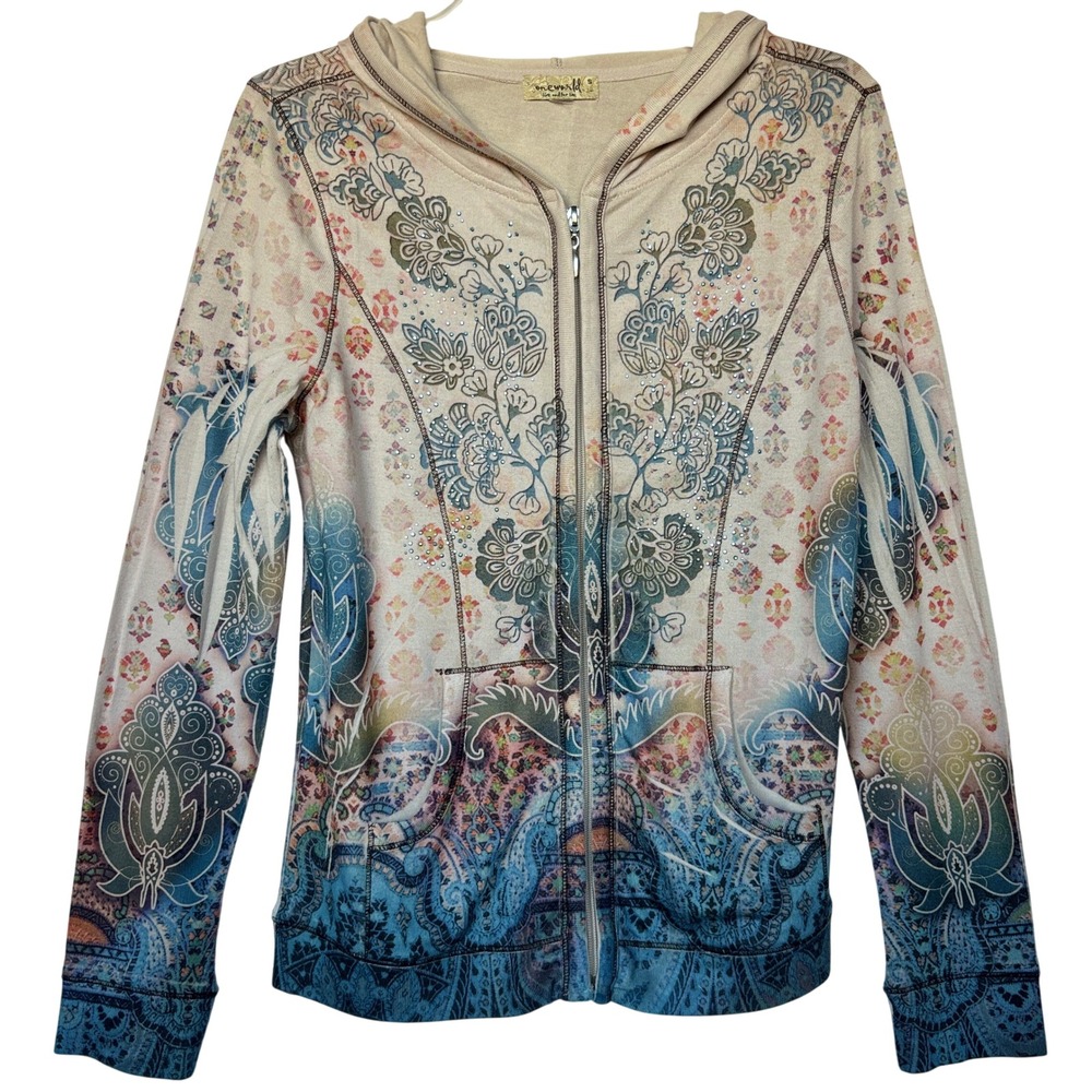 Y2K One World Rhinestone Sublimation Print Zip Jacket Artsy Bling Boho Glam S